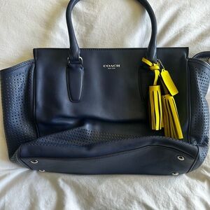 Coach Dark Blue Tote with Bright Yellow Tassels
